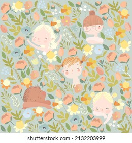 Cartoon Portraits of Beautiful Girls in Flowers