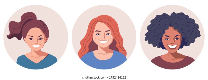 Cartoon portraits of cheerful young women, front view. Diverse group of teenage girls with smiling faces. User avatars for social media. Vector character illustration. 