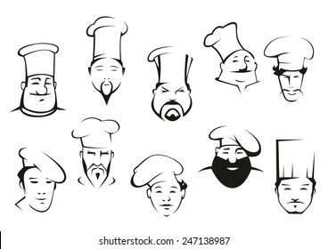 Cartoon portraits of chefs or cooks in uniform toques with mustaches and beards different nationalities and emotional expressions for logo or emblem design