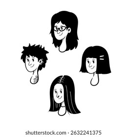 Cartoon portraits of four diverse women in monochrome