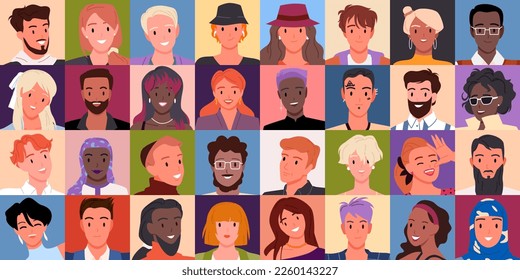 Cartoon portraits of multicultural diverse team of happy female and male adult characters with smiles on young faces, cute man and woman. Different people in square avatars vector illustration