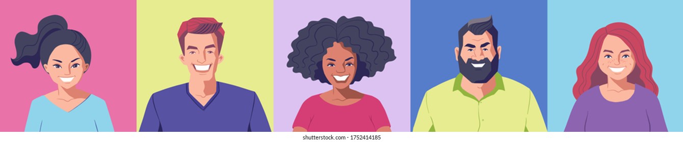 Cartoon portraits of young adults, front view. Diverse group of people, vector character illustration. User avatar for social media. Men and women heads and faces