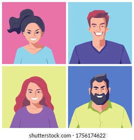 Cartoon portraits of young adults, front view. Diverse group of people, vector character illustration. User avatars for social media. Happy men and women, heads and smiling faces.