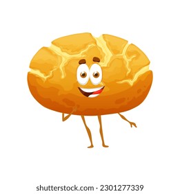 Cartoon Portuguese corn broa bread character, vector bakery and pastry food with face. Cute funny bread from Portugal or Broa de Milho of cornflour, world cuisine bread emoji or comic emoticon