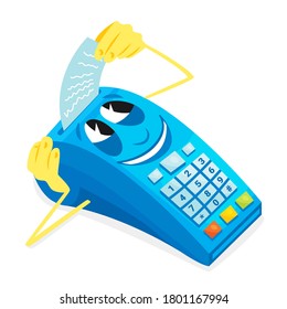 Cartoon POS portable credit card machine issuing check, vector illustration. Cheerful portable terminal with face and hands