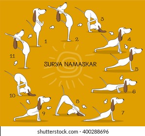 Cartoon positive dog doing yoga position of Surya Namaskara. San Salutation. Happy animal. Vector illustration