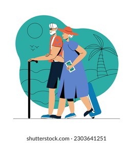 Cartoon positive elderly couple on vacation by sea with guidebook and crutch walking on beach in summer. Vector flat style illustration on white background