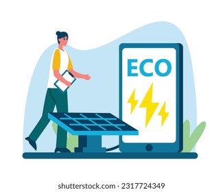 Cartoon positive girl charges her phone with solar panels. Electricity from natural resources. Eco friendly urban infrastructure. Environment conservation resource. Vector