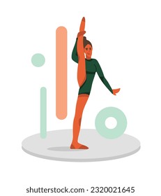 Cartoon positive girl does stretching by lifting her leg high and stretching muscles. Active and healthy lifestyle. Vector flat style illustration on white background