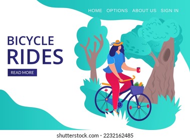 Cartoon positive girl drive bike, bicycle rides outdoors, vector illustration. Sports in city park mornings summer strengthen health.