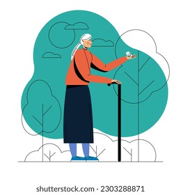 Cartoon positive grey haired granny with crutch walking in street. Concept of elderly and rest in retirement. Flat style vector illustration on white background