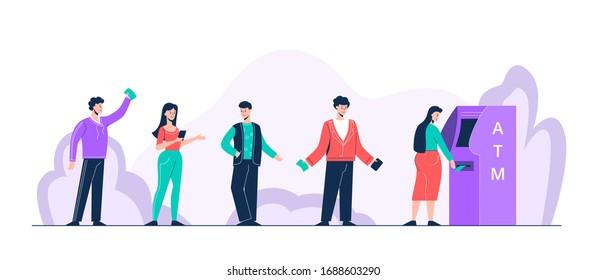 Cartoon positive Menschen in der Warteschlange stehen, um Vektorillustration flach Illustration. Farbige Mann und Frau zusammen in einer Online-Karte, in Bargeld und Brieftasche einzeln auf weißem Hintergrund