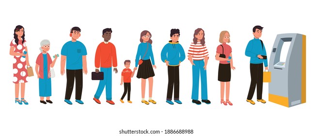 Cartoon positive people standing in queue to atm. Bank terminal and financial cash concept. Vector illustration in flat style.