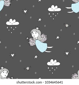 cartoon positive seamless pattern with cute girls