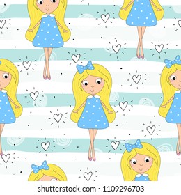 cartoon positive seamless pattern with cute girls