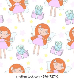 cartoon positive seamless pattern with cute Fairy and gifts.