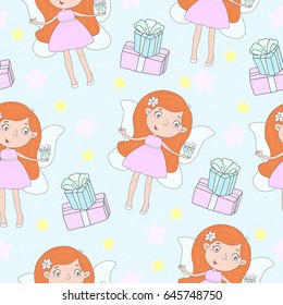 cartoon positive seamless pattern with cute Fairy and gifts.