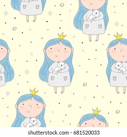 cartoon positive seamless pattern with cute girls.