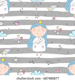 cartoon positive seamless pattern with cute girls.
