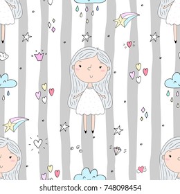 cartoon positive seamless pattern with cute girls.