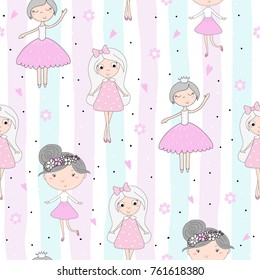cartoon positive seamless pattern with cute girls.