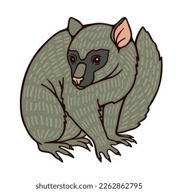 Cartoon possum flat color vector illustration on white background. Cartoon character with dark eyes for animations and graphic design