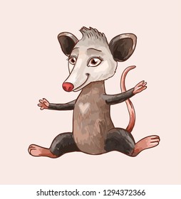 Cartoon possum or rat sitting on a string or doing stretching exercises. Developing classes with children. Vector illustration for print on children's goods 