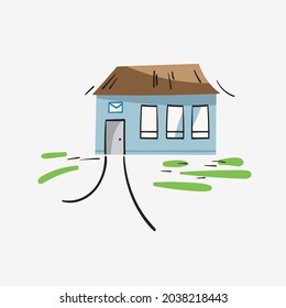 Oficina de correos de caricaturas aislada de fondo blanco. Ilustración del doodle de la estación de post dibujada a mano. Vector plano infantil, ideal para la impresión de camisetas para niños, diseño de afiches
