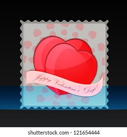 Cartoon postage stamp Valentine's hearts.  Black background