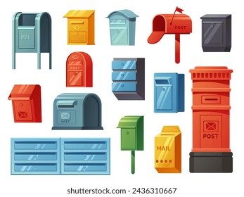 Cartoon postal mailboxes. Traditional curbside mailbox, wall mounted, European pillar, apartment mail slots and public street letterboxes isolated vector illustration set. Deliver letters