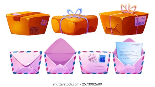 Cartoon postal set with brown parcel boxes tied by rope and tape, caution signs, barcodes and pink mail envelopes with blue red borders, postage stamps, post office seal. Vector delivery icons.