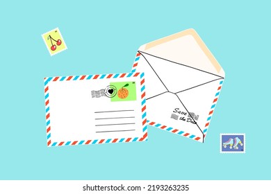 Cartoon Postset. Handwerkliche Briefumschläge mit verschiedenen Briefmarken, Postmarken. Flacher Cartoon bunter Vektorgrafik