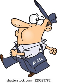 cartoon postal worker man whistling while he delivers mail