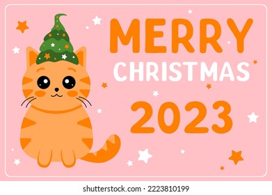 Cartoon postcard in flat style Merry Christmas 2023. Christmas banner with a cat. Chinese new year.