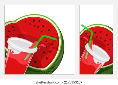 Cartoon postcard flyers with cut watermelon and glass of watermelon smoothie. Template element for design and decoration. Vector