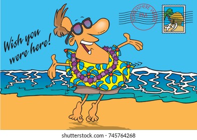 Cartoon Postcard Of A Man On A Tropical Beach With The Message 