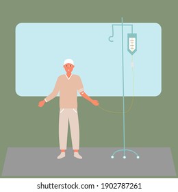 Cartoon poster of a bald boy receiving chemotherapy. Flat illustrations in vector style. Rehabilitation of cancer patients with chemotherapy. Fight cancer.