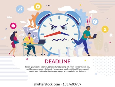 Cartoon Poster. Burning Deadline Theme. Stressed Office People Staff. Big Alarm Clock with Angry Facial Emotion. Lack of Working Time. Paper Documents Piles. Unperformed Work. Vector Flat Illustration