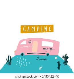 Cartoon poster with camper. Adventures concept. Vector editable illustration