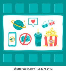 Cartoon poster cinema concept. Vector stock illustration in simple childish style. 3D glasses, popcorn, drink, phone, planet, film strip.