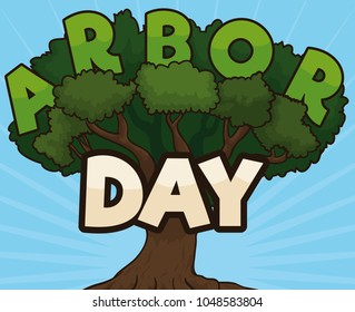 Cartoon poster with colorful tree and letters in its branches and crown promoting Arbour Day celebration.