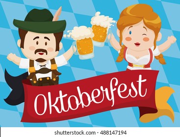 Cartoon poster with cute Bavarian couple in traditional clothes celebrating Oktoberfest toasting and drinking beer.