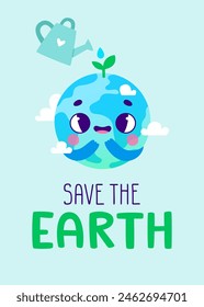 Cartoon poster with cute earth planet. Colorful banner with happy earth globe and watering can.