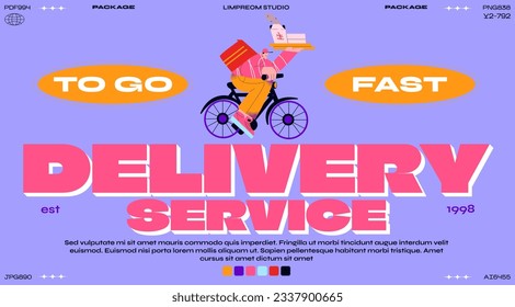 Cartoon poster fast delivery. Food delivery man character banner on bike, e-commerce concept. online food ordering groovy poster