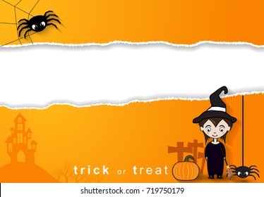 cartoon Poster, Flat banner or background for Halloween Party Night. copy space in rip paper 