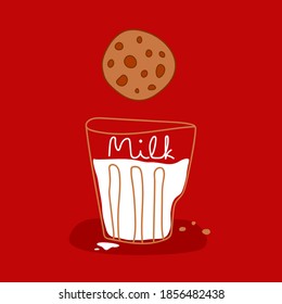 Cartoon poster with glass of milk and ginger chocolate cookies on red background. Seasons food concept. Funny holiday poster. Stock vector illustration for Christmas postcard, banner, print