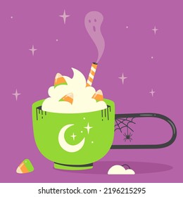 Cartoon poster for Halloween on a purple background. It depicts a green cup with a foamy drink and sweets. Cute ghost. Cute design for postcards. Vector isolated image.