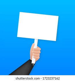 Cartoon poster with hand holding placard for banner design. Banner, Billboard design. Vector stock illustration.