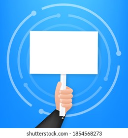 Cartoon poster with hand holding placard for banner design. Banner, Billboard design. Vector stock illustration.