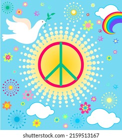 Cartoon poster in hippie style with Peace Hippie Symbol, flying paper cutting dove, rainbow, sun and flowers